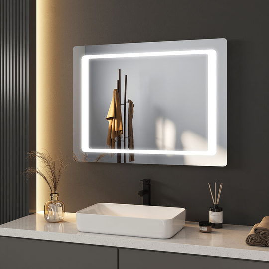 Illuminated Bathroom Mirror 80x60cm Wall-Mounted Cool White Light led Vanity Mirror with Demister, Touch & Shaver socket - 80x60x3.5cm | Touch +