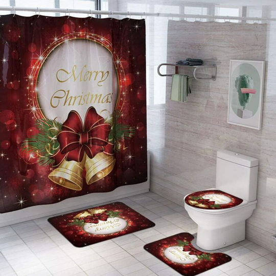 Perle Rare - 4 Piece Toilet Christmas Decoration, Shower Curtain, Floor Mat, Toilet Seat Cover, Toilet Mat(christmas bell)