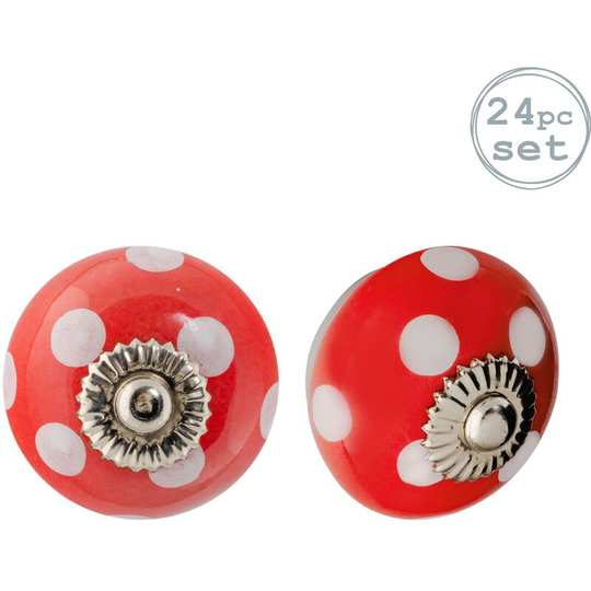Round Ceramic Cabinet Knobs - Red & White Spot - Pack of 24 - Nicola Spring