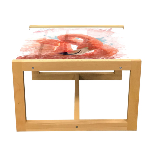 Flamingo Coffee Table, Flamingo Bird With Feather Nature Art Work Watercolor Paint Effect Print, Acrylic Glass Center Table With Wooden Frame For Offi