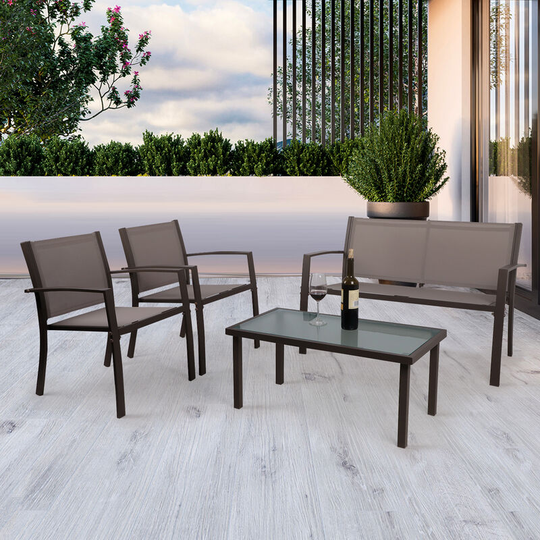 Garden Furniture Set, Indoor Outdoor 4 Piece set Patio Furniture Sofa Set, Garden Table and Chair 4 seater, 2 ArmChairs + 1 Double Chair Sofa + Glass