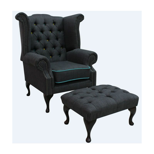 Chesterfield Linen Queen Anne High Back Wing Chair Charles Charcoal Blue Trim + Footstool