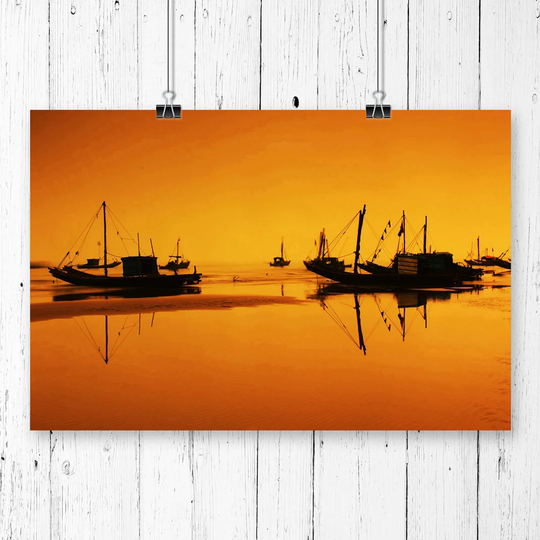 'Sunset Beach Fishing Boats' Graphic Art