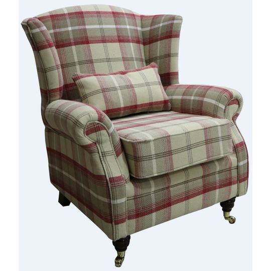 Wing Chair Fireside High Back Armchair Balmoral Cranberry Check Fabric p&s