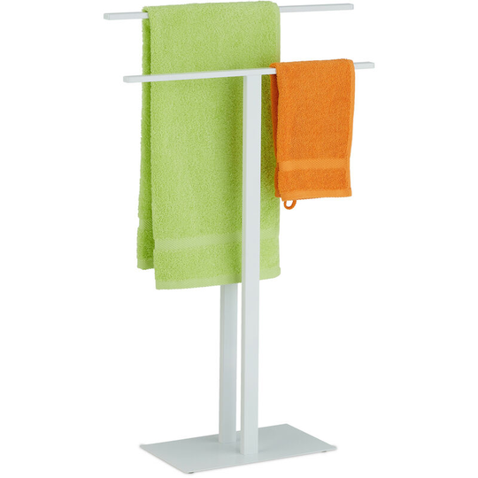 Relaxdays - Towel Rack, 2 Rails, T-Design, h x w x d: 82 x 50 x 19 cm, Standing Towel Holder, Metal, White