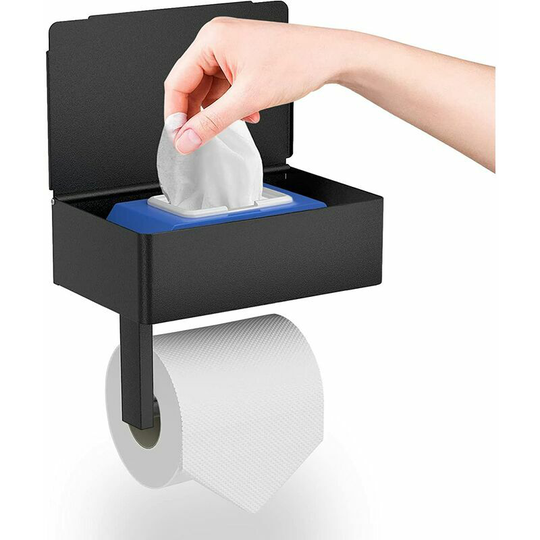 Perforated/UnperforatedStainless Steel Toilet Paper Holder with Spacious ShelvesToilet Paper Holder Wall Mount in Black Wall Mounted Toilet Paper