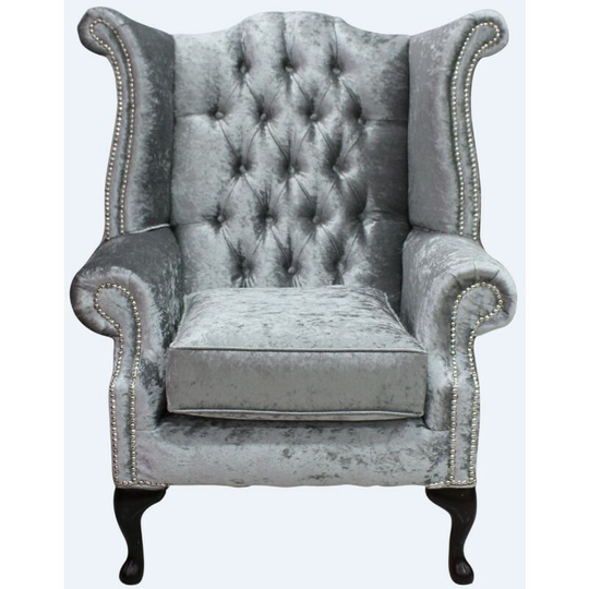 Chesterfield Queen Anne High Back Wing Chair Shimmer Silver Velvet
