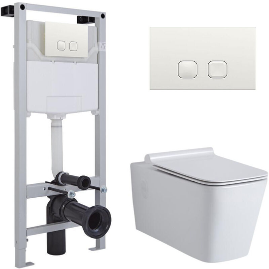 Milano - Elswick - White Ceramic Modern Bathroom Wall Hung Square Toilet wc with Tall Wall Frame Cistern and Square White Flush Plate