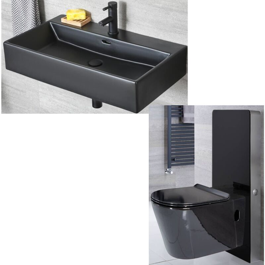Milano - Nero - Black Ceramic Modern Wall Hung Bathroom Basin Sink with One Tap Hole and Toilet wc Unit with Pan, Cistern and Soft Close Seat