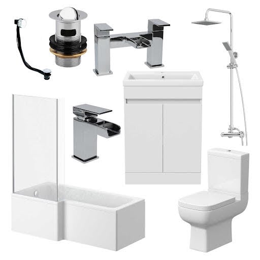 Amelie Bathroom Suite with L Shape Bath, Taps, Shower, Screen & Artis Vanity Unit - Left Hand 1700mm