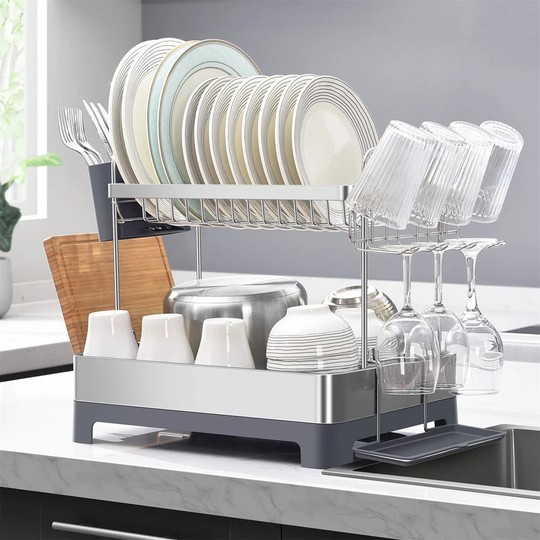 Dish Drying Rack, 2-Tier Dish Rack With Large Capacity, Multifunctional Dish Drainer With 360 Drainboard Set, Rustproof & Durable With Cutting Board R