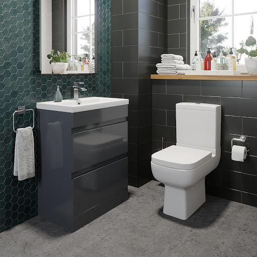 Amelie Close Coupled Toilet & Artis Grey Gloss Drawer Vanity Unit 600mm