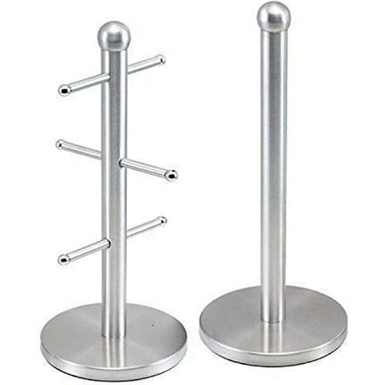Chrome Matching 6 Cup Mug Tree Save Space Drying Rack and Kitchen Paper Towel Tissue Roll Holder Set Non-Slip Rust-Proof Upright Stainless Steel