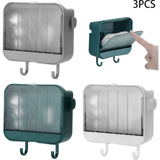 Soap Box Holder Set of 3 Soap Dish with Hooks Wall Mounted Soap Dish for Wall Shower Bathroom Bathtub Kitchen Sink No Drilling Dust Cover Wall