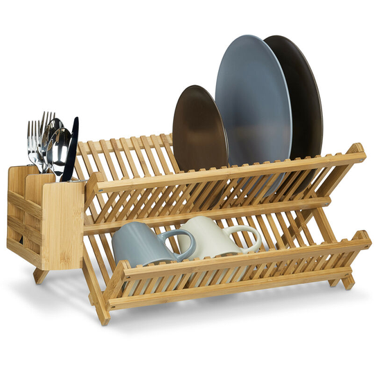 Relaxdays - cross Dish Drainer with Cutlery Basket, Total Size: 24 x 46 x 28 cm Bamboo Dish Rack Wooden Dish Dryer Foldable Folding for Large Plates