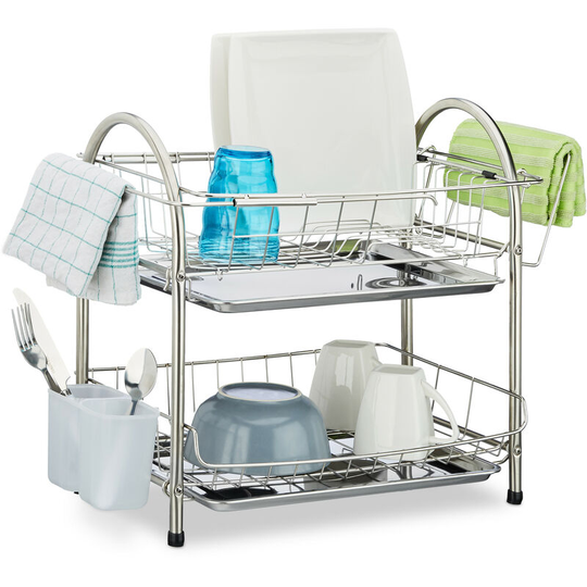 Relaxdays - Dish Drainer with 2 Tiers, Cutlery Holder, Dish Rack, Drip Tray, Stainless Steel, HxWxD: 39.5 x 60 x 22 cm, Silver
