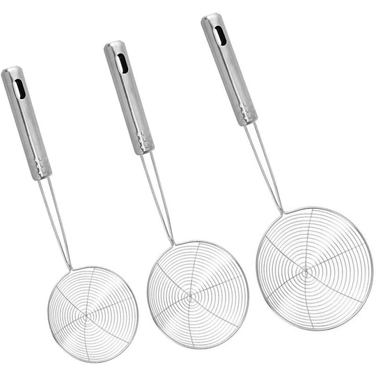 3PCS Kitchen Strainer Ladle, Skimmer Ladle, Stainless Steel Ladle Strainer for Filtering, Draining and Rinsing (11cm, 15cm, 19cm)