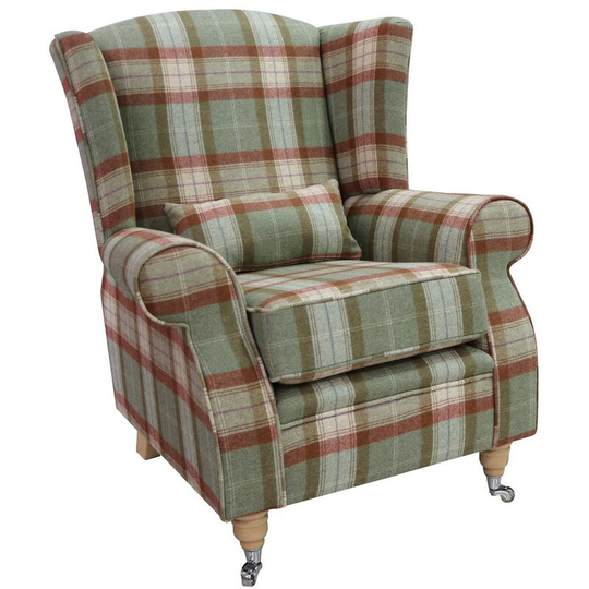 Arnold Wool Tweed Wing Chair Fireside High Back Armchair Skye Agate Check Tartan