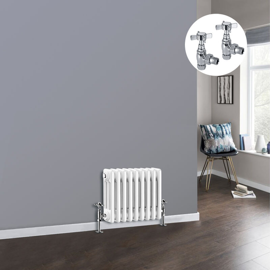 White 3 Column Traditional Cast Iron Style Radiator with Chrome Angled Cross Head Manual Valves Horizontal 300x427mm