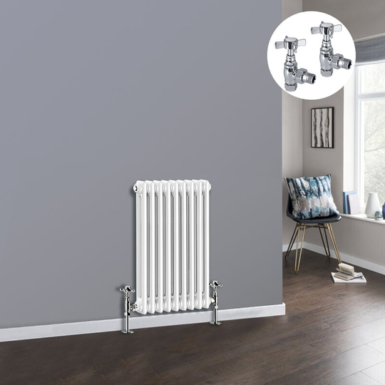 White 2 Column Traditional Cast Iron Style Radiator with Chrome Angled Cross Head Manual Valves Horizontal 600x425mm
