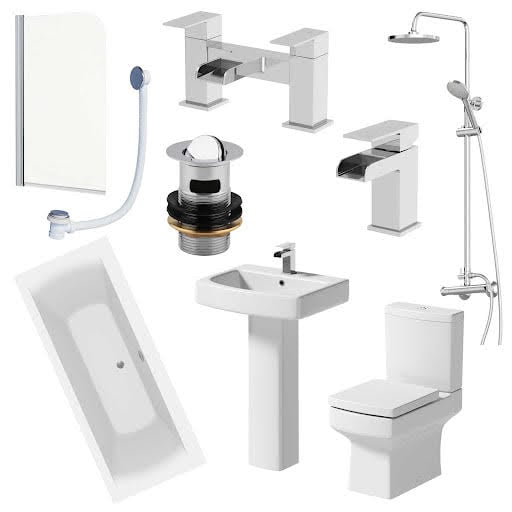 Royan Bathroom Suite with Double Ended Square Bath, Taps, Shower & Screen - 1700mm