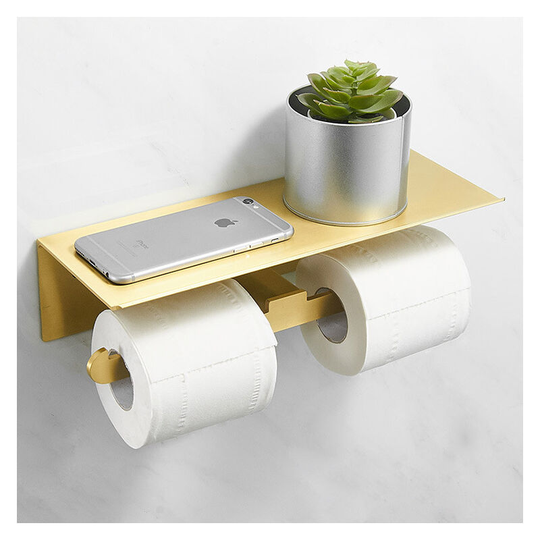 Aluminum Double Toilet Roll Holder No Punching Toilet Roll Holder Matte Finish with Mobile Phone Holder (Gold)