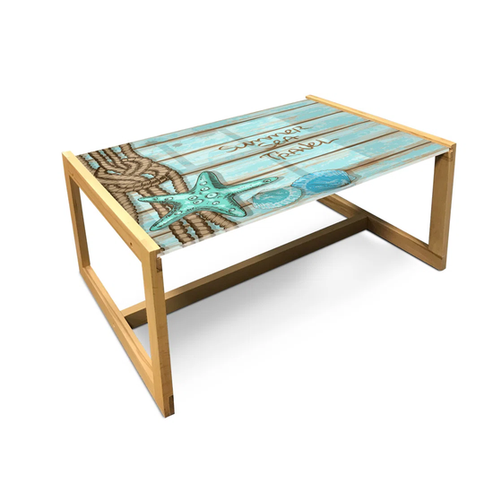 Starfish Coffee Table, Summer Season Sea Travel Retro Boards Of Ship Deck Scallops, Acrylic Glass Center Table With Wooden Frame For Offices Dorms Min