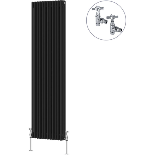 Traditional Rad Cast Iron Style Radiator Black + Chrome Angled Traditional Radiator Manual Valves 1800x560mm Vertical Triple Column