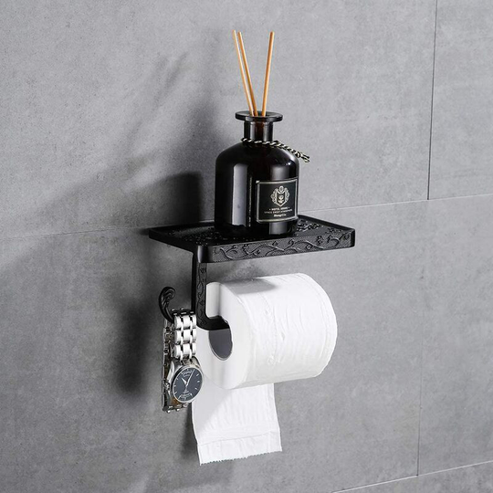 Wall Mounted Toilet Paper Holder, Cell Phone Roll Holder, European Style Tissue Box Storage Rack (Black)