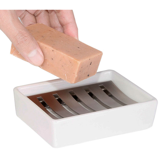 Ceramic Soap Dish Stainless Steel Soap Holder for Shower and Bathroom Double Layer Draining Soap Box Design