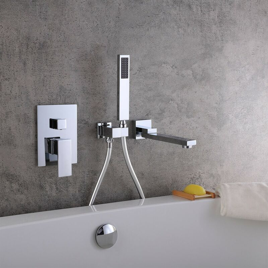 Modern recessed tub faucet with hand shower in solid chrome plated brass