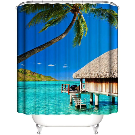 1 Piece Shower Curtain Waterproof Polyester a Coast Corner Decorative Pattern Bathroom Bathtub with Hook Mildew Resistant Washable 180*200cm