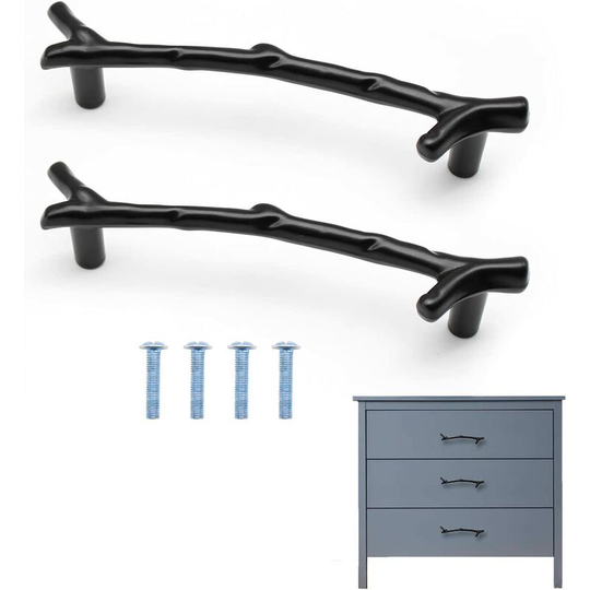 2 Pieces Cabinet Handle, Branch Shaped Door Handles, Hard Zinc Alloy Kitchen Cabinet Handle, Suitable for Shoebox, Cabinets, Drawers (128mm, Black)