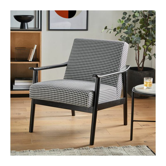 Lounge Chair - Houndstooth Black & White Frame Armchair - Woven Fabric & Solid Wood Reading, Corner Accent Chair for Living Room, Hallway & Bedroom