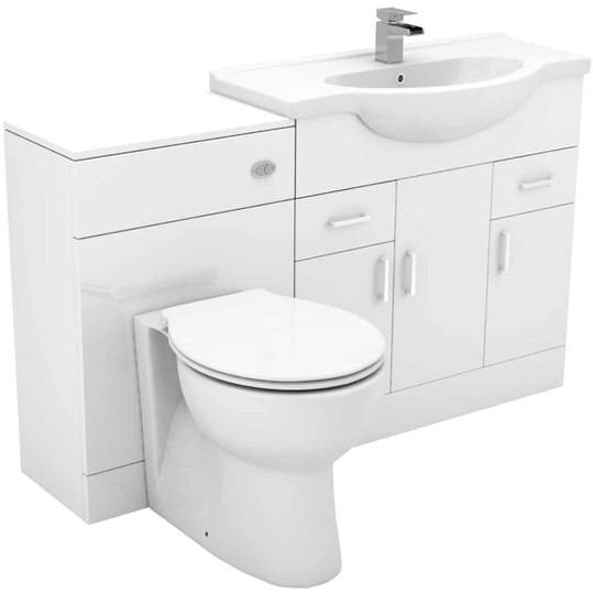 Alexander James Gloss White 1350mm 3 Door 2 Drawer Vanity Unit Toilet Suite - White