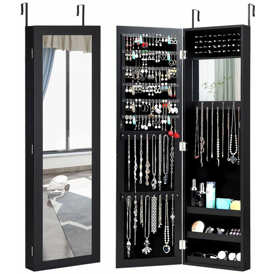 Wall-mounted Jewelry Storage Cabinet Door Hanging Jewelry Armoire w/ Full Mirror