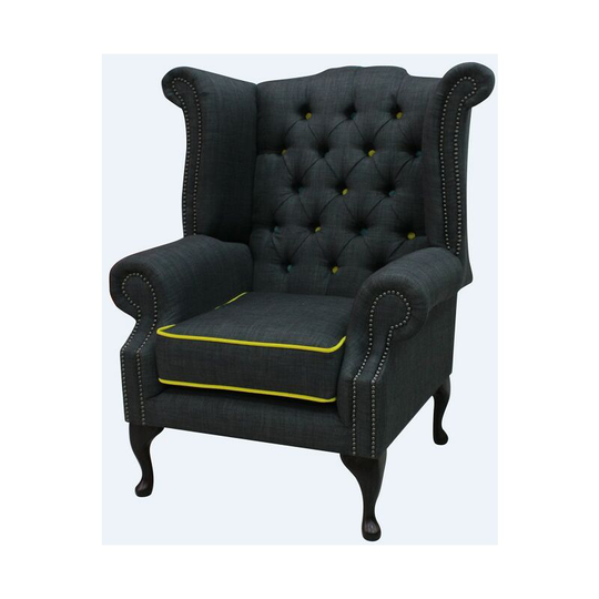 Chesterfield Linen Queen Anne High Back Wing Chair Charles Charcoal Yellow Trim