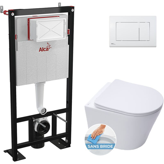 Alca - Toilet set Self-supporting frame + sat Infinitiorimless, White matt + soft close seat + White flush plate