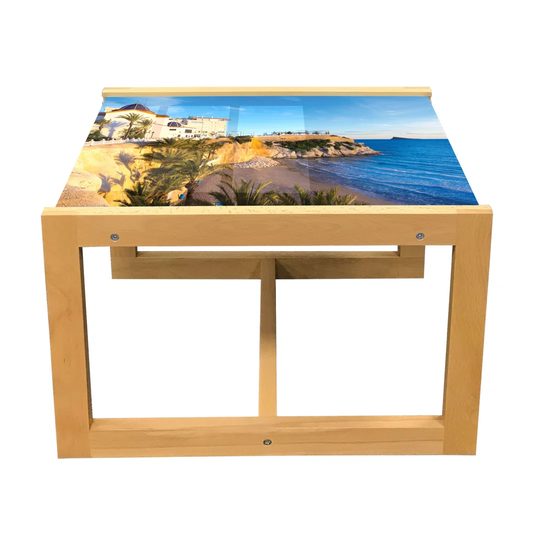 Landscape Coffee Table, Morning Sky On Platgeta Del Mal Pas Beach Rippling Waves Sea Holiday, Acrylic Glass Center Table With Wooden Frame For Offices