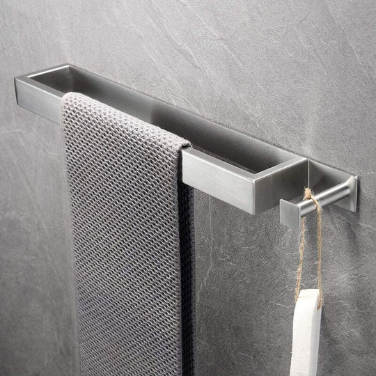 Stainless Steel Towel Rack, No Drilling Towel Rack, 40cm Self Adhesive Guest Towel Rack with Hook for Bathroom (Silver)