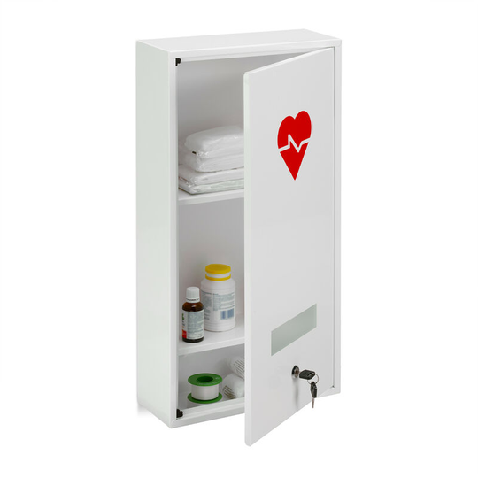 Medicine Cabinet, Lockable, 3 Compartments, Steel, HxWxD: 60 x 30 x 12 cm,, Double Door, First Aid, White - Relaxdays