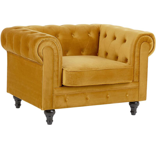 Modern Scroll Velvet Club Chair Tufted Back Mustard Yellow Chesterfield - Yellow