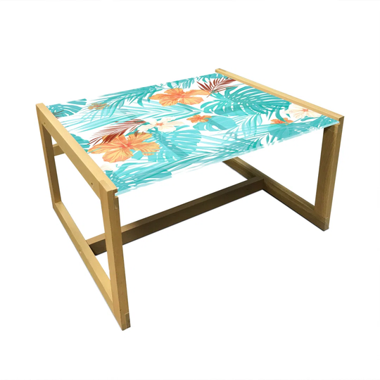 Aloha Coffee Table, Summer Scene Of Palm Tree Leaves And Hibiscus Flowers, Acrylic Glass Center Table With Wooden Frame For Offices Dorms Orange Turqu
