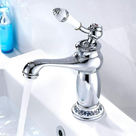 Bet Single Handle Basin Faucet Ceramic Brass Sink Faucet Black and White Porcelain Long Neck Vintage Floral with inlet Cold / Hot Water Faucet