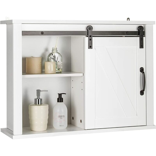Wall Storage Cabinet with Sliding Door and Adjustable Shelf, Farmhouse Wooden Cupboard, Wall Mounted Cabinet Display Organizer Unit for Bathroom,