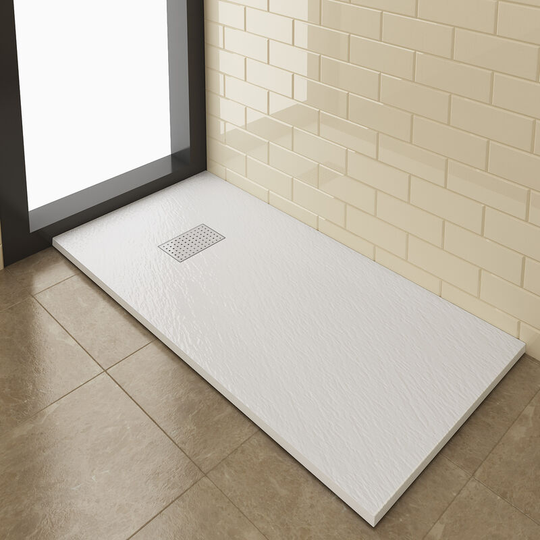 White Slate Effect Shower Tray 1400x700mm Square Shower Enclosure Base with Waste Trap and Stainless Steel Drain Cover a - Elegant