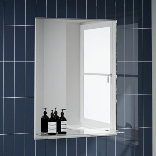 Alpine - Bathroom Mirror Wall Modern Frameless Bevelled Rectangle Glass Shelf 800x600mm - Silver