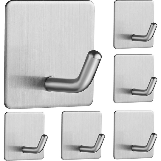Adhesive Hook 6 Pieces Stainless Steel Wall Hook Without Drilling Towel Holder with Adhesive Tape Bathroom Living Room and Kitchen Hooks for Bath