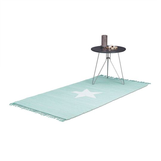 Rug Rag 70 x 140 cm with Star Motif made of 100% Cotton, with Fringes, Hallway Mat, Mint - Relaxdays