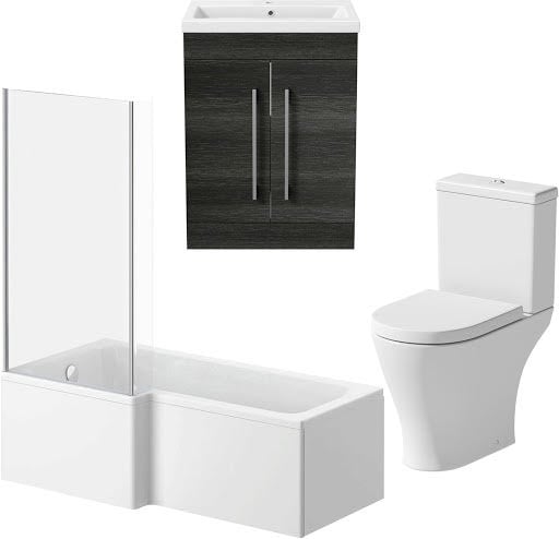 Arles Bathroom Suite with L Shape Bath, Screen & Aurora Charcoal Grey Vanity Unit - Left Hand 1700mm